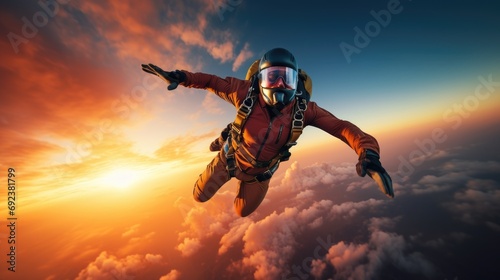 A Parachutist in free fall at the sunset extream sport lifestyle with beautiful sky cloud sunset background © Usman