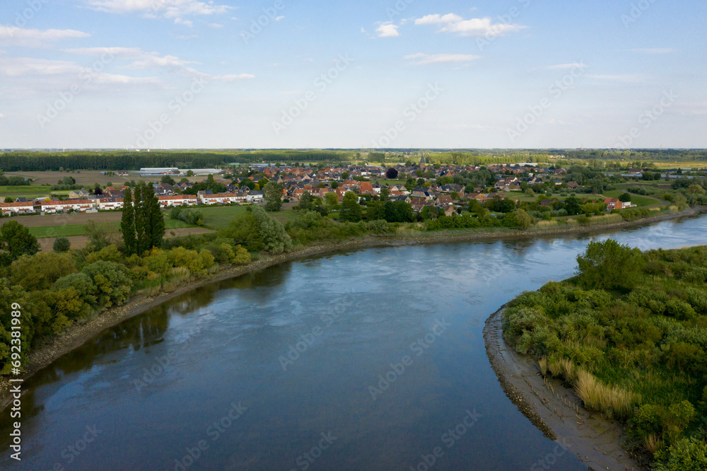 Aerial view of the Scheldt river, near Hamme, Belgium