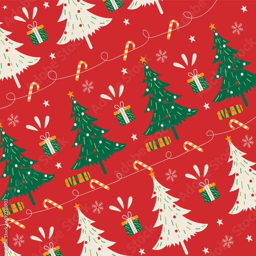 Christmas seamless pattern with tree, gift, candy element