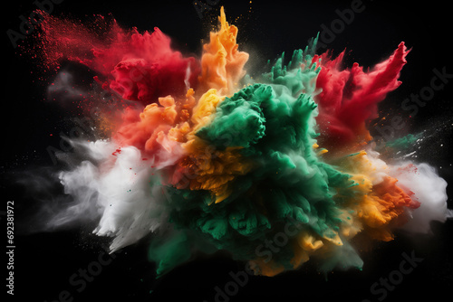 Explosions of Holi Powder in Colors of the Mexican Flag Against a Black Background