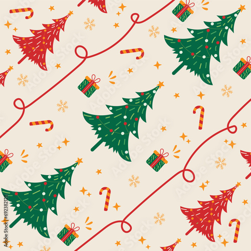 Christmas seamless pattern with tree, gift, candy element