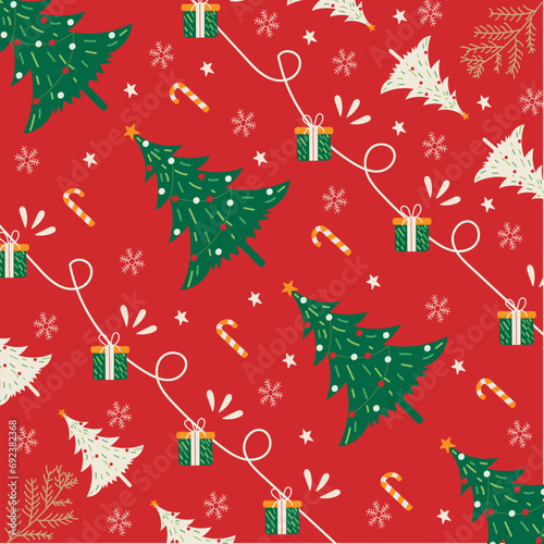 Christmas seamless pattern with tree, gift, candy element