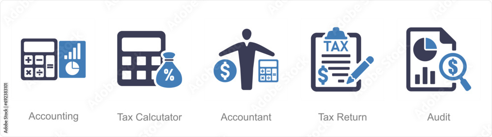 A set of 5 accounting icons as accounting, tax calculator, accountant - obrazy, fototapety, plakaty 