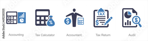 A set of 5 accounting icons as accounting, tax calculator, accountant photo