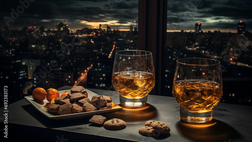 Photo of decorated whiskey glasses and snacks at a bar with a night view of the city outside the window
