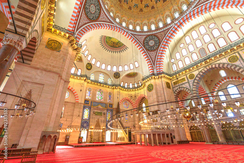 Istanbul, Turkey - Aug 1, 2023: Suleymaniye Mosque is a architectural marvel that represents the grandeur of the Ottoman Empire. It features magnificent domes and tall minarets, built Sultan Suleyman.