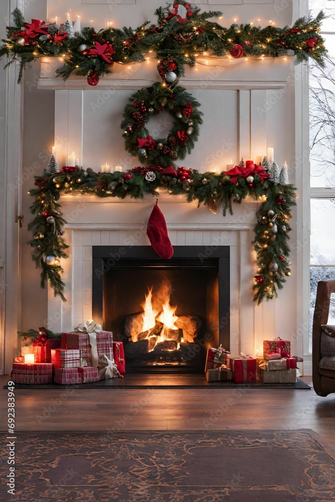 クリスマスデコレーションをされた暖炉のある部屋