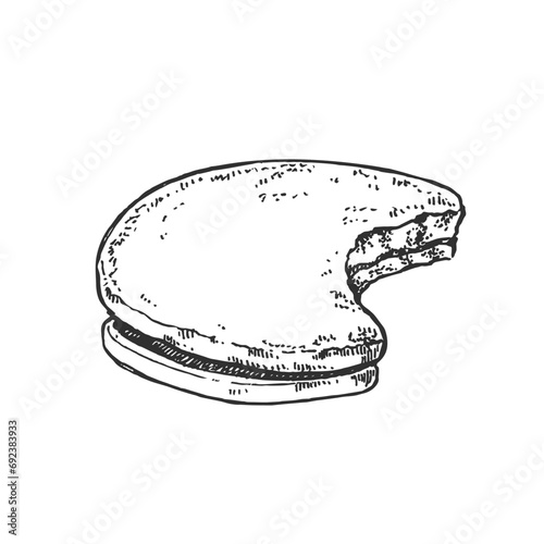 Hand drawn vector glazed with chocolate cookies illustration. Topping biscuits filled with cream, crema. Pastry design template for menu, ad, label