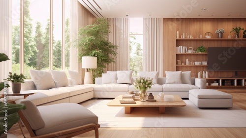 Contemporary home interior design concept beautiful living room design in natural color scheme with bright and clean cosy comfort house beautiful design background
