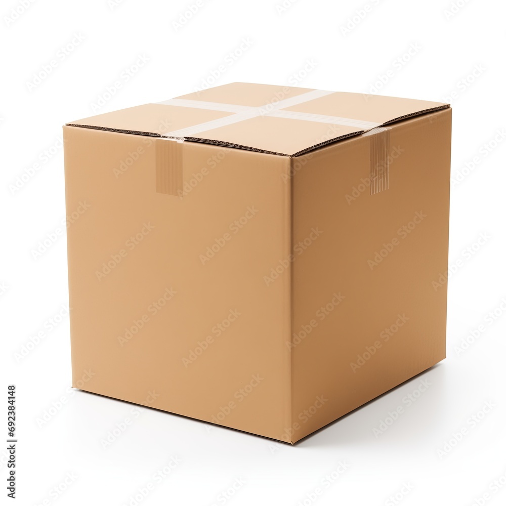 Isolated cardboard box on white background. Pasteboard box. Carton box. Delivery. Post shipping. Paper board. Parcel, cargo. Sellotape. Duct tape. Scotch tape. A carboard box and sticky tape
