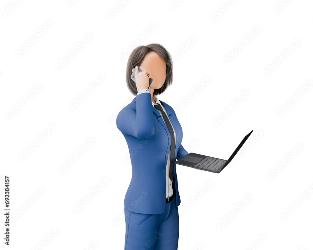 3D rendering of a stylized character businesswoman in a blue suit, talking on the phone and using a laptop, showcasing effective multi-tasking and communication skills, isolated on a white background. 3D rendering of a stylized character businesswoman in a blue suit, talking on the phone and using a laptop, showcasing effective multi-tasking and communication skills, isolated on a white background.