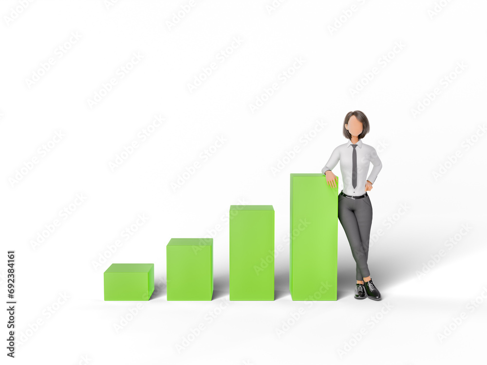3D rendering of a stylized character businesswoman standing confidently next to an ascending bar graph, illustrating growth, success, or positive business analytics, isolated on a white background. 3D rendering of a stylized character businesswoman standing confidently next to an ascending bar graph, illustrating growth, success, or positive business analytics, isolated on a white background.