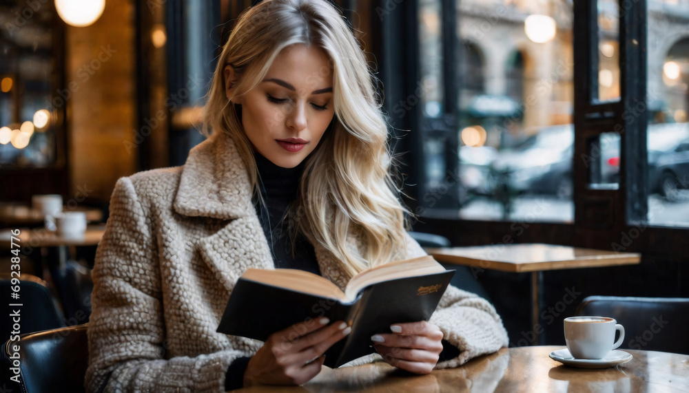 Beautiful blonde woman reading a book at cafe during winter Beautiful blonde woman reading a book at cafe during winter