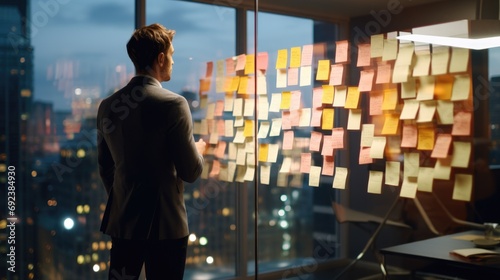 Head manager lead brainstorm ideas sharing standing concentrate make a decision for strategy new project hand write short note paper sticky note on glass ideas wall board in modern office