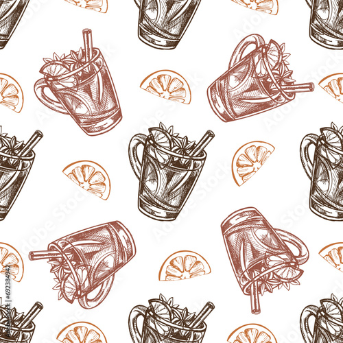 Seamless pattern of hand-drawn mug with mulled wine in sketch style. Vector food drawing. Traditional Christmas drink. Vintage cozy seasonal holidays. Good for menu.