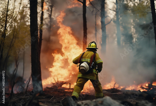 Protezione Ambientale- Vigile del Fuoco al Lavoro per Sopprimere un Incendio Selvaggio tra gli Alberi photo