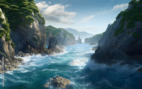 A stunning ocean landscape with cliffs, Generative AI