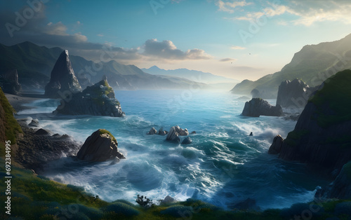 A stunning ocean landscape with cliffs, Generative AI