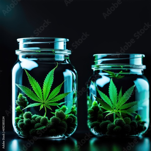 Cannabis in a glass jar on a dark background