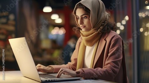 Middle Eastern female working in creative agency on the laptop photo