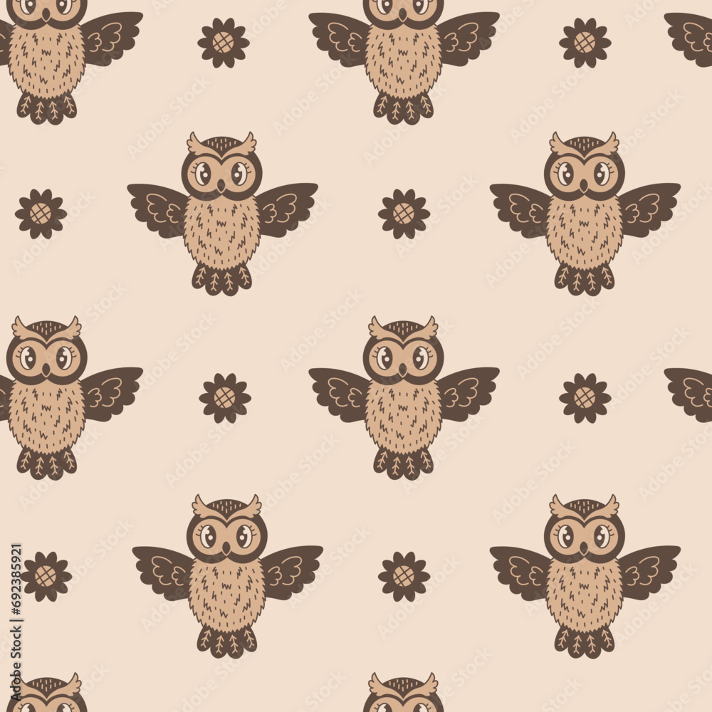 Owl and Flowers seamless pattern. Elegant doodle repeat background with cute ethnic birds. Brown and beige colors and nature elements. Vector illustration.