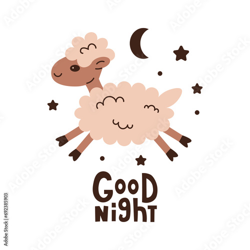 Good night lettering with sheep and stars. Bedroom and pajama print with cute fluffy animal and sleep, slumber elements, handwritten text. Vector illustration on white background