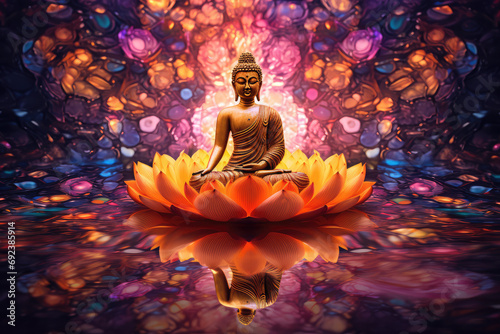 3d glowing golden buddha and seamless pattern, abstract colorful lotuses floral