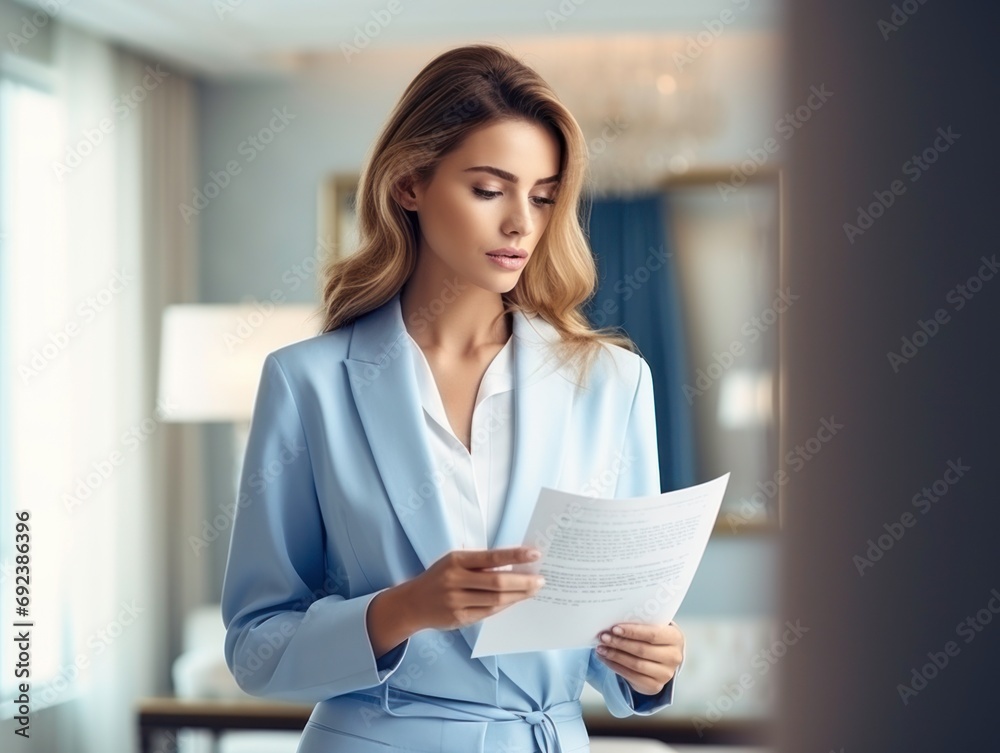 Confidence business woman practice reading script for interview or presentation at home. Confidence business woman practice reading script for interview or presentation at home.