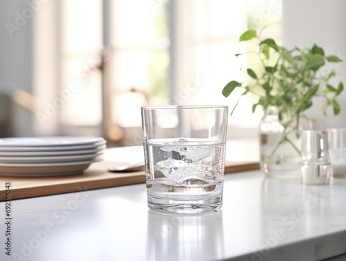 Glass of water ready to serve in dining room.