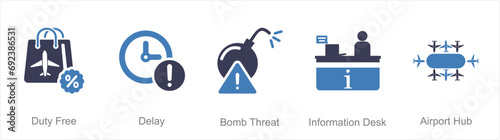 A set of 5 Airport icons as duty free, delay, bomb threat