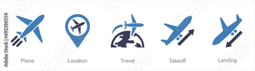 A set of 5 Airport icons as plane, location, travel