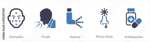 A set of 5 Allergy icons as dermatitis, cough, asthma