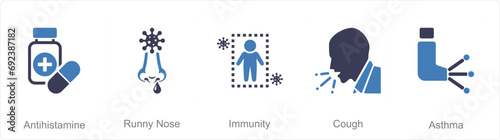 A set of 5 Allergy icons as antihistamine, runny nose, immunity