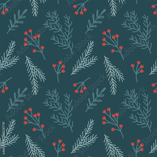Christmas seamless pattern with Christmas tree branches and holly and rowan berries. New Year's design. Background, print, vector