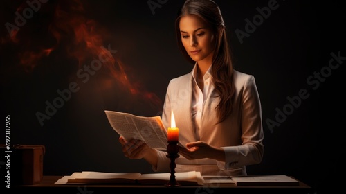 Businesswoman Reading Documents by Candlelight
