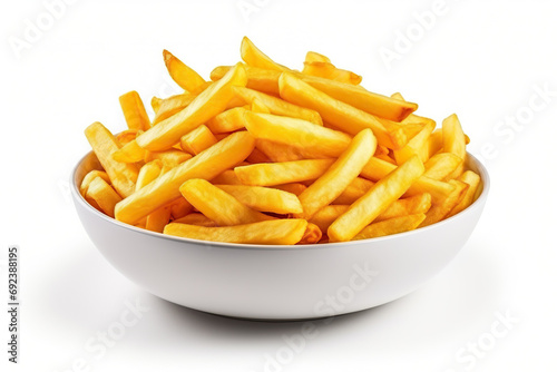 French fries on a bowl on a white background. Generated by artificial intelligence