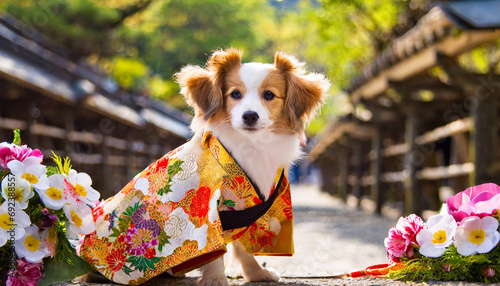 A stylish dog is wearing a Japanese kimono photo
