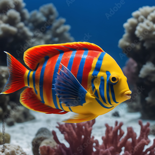 A brightly colored exotic fish swims amid smaller fish in the deep blue ocean, its unique red, yellow, and blue stripes standing out against the surroundings.