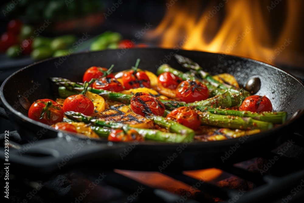 Roasted asparagus with cherry tomatoes in a frying pan