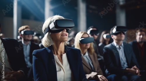 Vr experience senior business manager woman attend meeting wearing vr virtual goggle glasses standing in autitorium convention hall with crowd of business people background photo