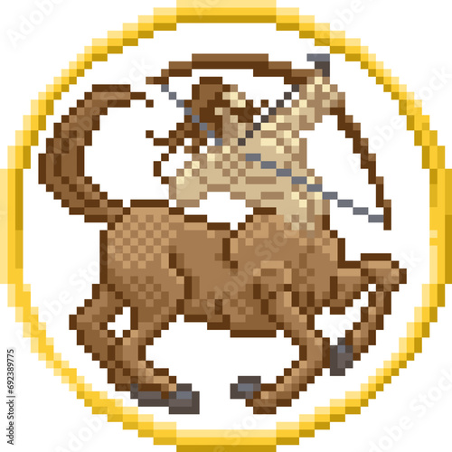 A zodiac horoscope or astrology Sagittarius centaur archer sign in a retro video game arcade 8 bit pixel art style