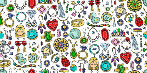 Jewelry fashion accessories of gemstones, gold or diamonds. Rings and earrings, stones, necklaces and pendants. Seamless pattern background for your design (ID: 692389782)