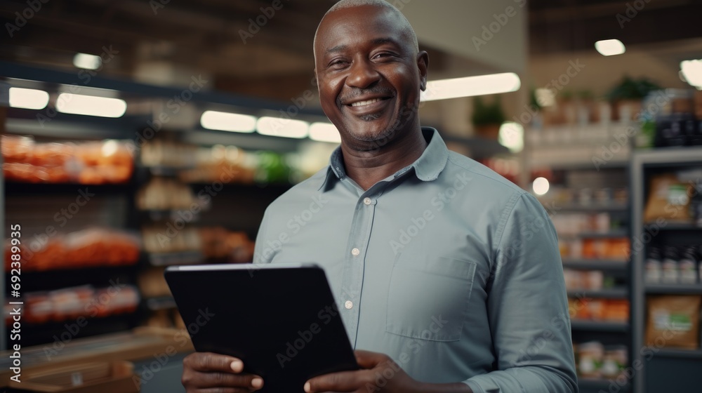 Fototapeta premium A mature African American man who owned a grocery store with a tablet PC. Online accounting and sales analysis. He stands and openly smiles looking at the camera