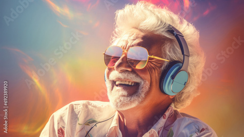 Senior man  headphones  adorned in vibrant colors. Stylish  tech-savvy and modern elder in a lively setting. On a vibrant journey with a touch of energetic flair.