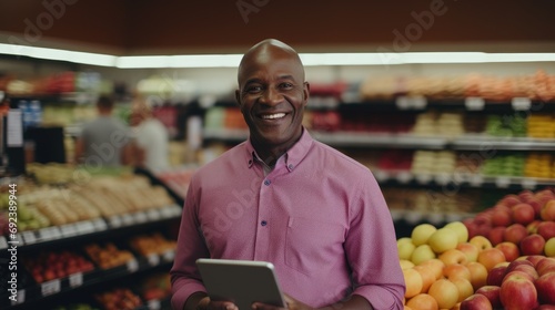 A mature African American man who owned a grocery store with a tablet PC. Online accounting and sales analysis. He stands and openly smiles looking at the camera photo