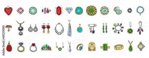 Jewelry fashion accessories of gemstones, gold or diamonds. Rings and earrings, stones, necklaces and pendants. Icons set for your design