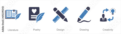 A set of 5 Art icons as literature, poetry, design