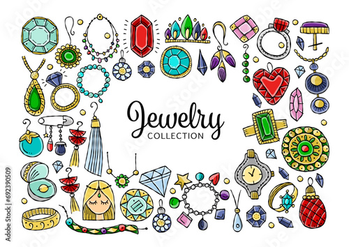 Jewelry fashion accessories of gemstones, gold or diamonds. Rings and earrings, stones, necklaces and pendants. Horizontal background design