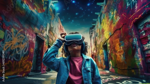 Boy wearing virtual reality glasses. A world of bright colors and events. Total digitalization of society and people\'s dependence on gadgets. Escape from the real world