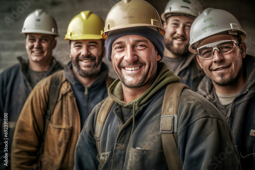 Happy team construction worker at construction site, generative ai